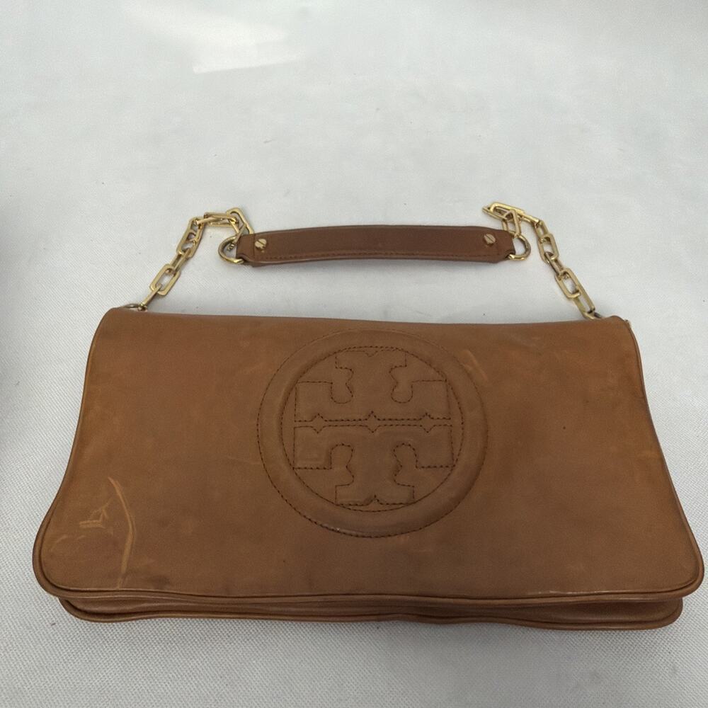 Tory Burch Reva Clutch Bag Cognac Bombe Leather Gold Chain Shoulder Purse